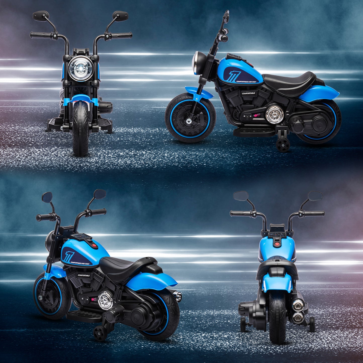 HOMCOM Elektrisches Kindermotorrad, Elektrisches Kinderfahrzeug, mit Scheinwerfer, 3 km/h, Blau + Schwarz