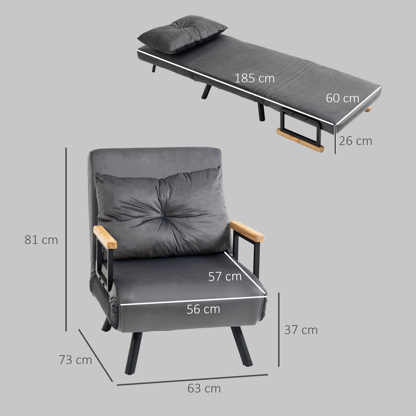 HOMCOM Relaxsessel im Skandidesign, Liegesessel, Lesesessel. ink. Kissen mit Knopfhefung, Schwarz + Natur
