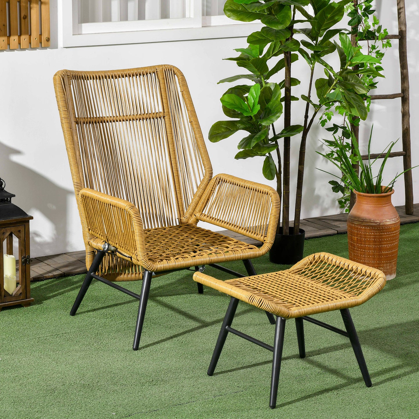 Outsunny Polyrattan Gartenstuhl und Hocker, verstellbare Lehne, Hellbraun/Grau/Schwarz