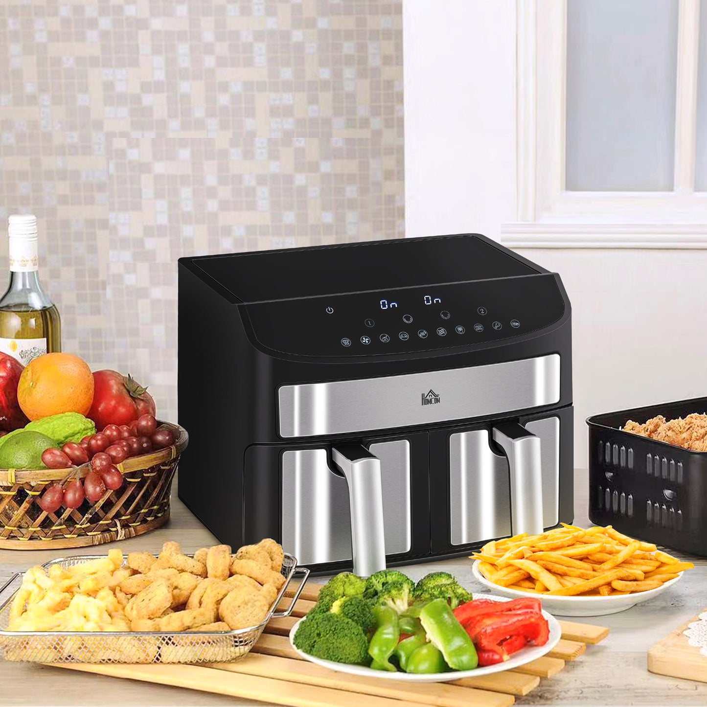 HOMCOM Heißluftfritteuse Multifunktionale Heißluftfritteuse, 8 L Fassungsvermögen, 2 Körbe, 60 min Time, Silber + Schwarz