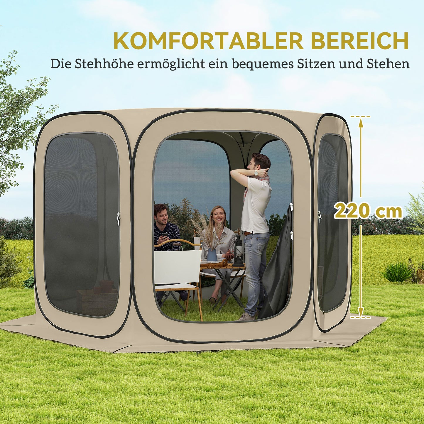 Outsunny Pop-up-Campingzelt, tragbar, UPF50+ Schutz, Netz-Seiten, Stahldraht, Khaki