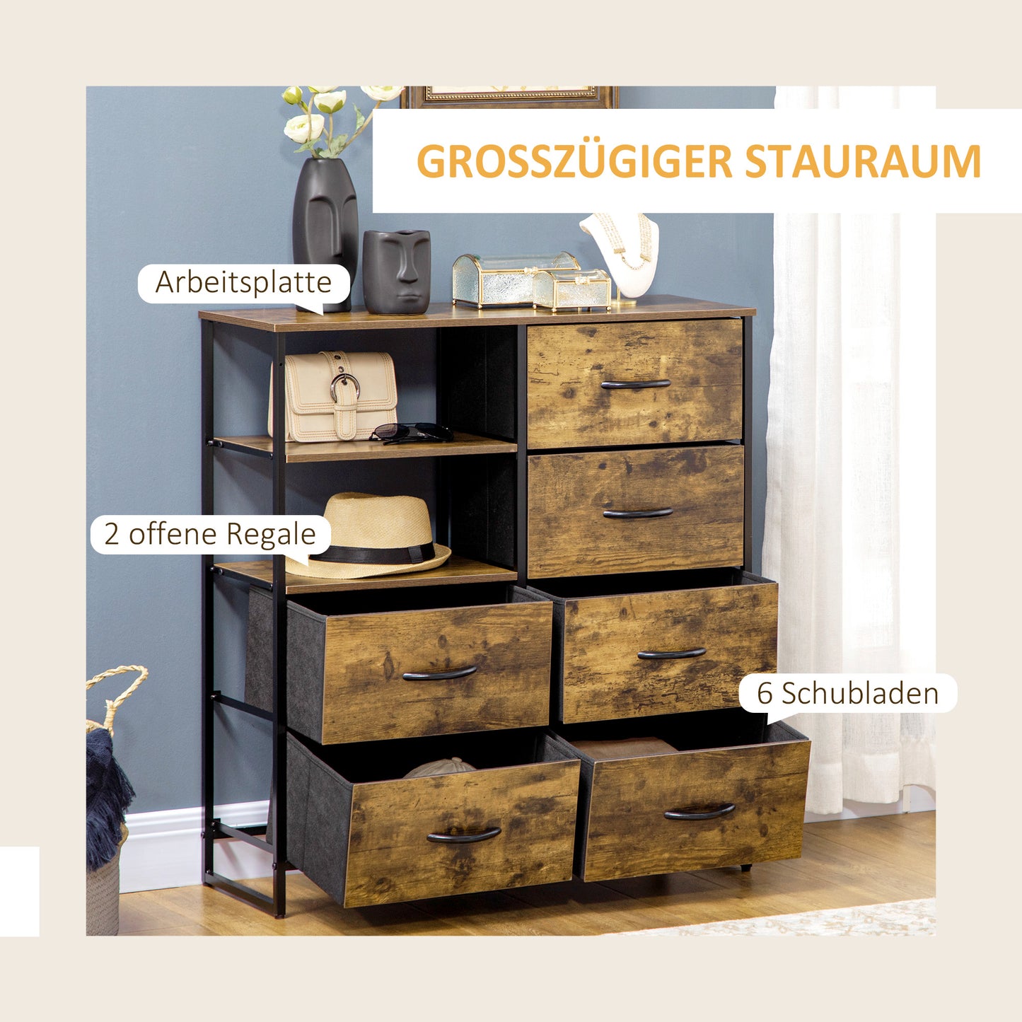 HOMCOM Kommode mit sechs Schubladen, offene Regale, MDF und Stahl, 84x30x92 cm, Braun/Schwarz, verstellbare Füße
