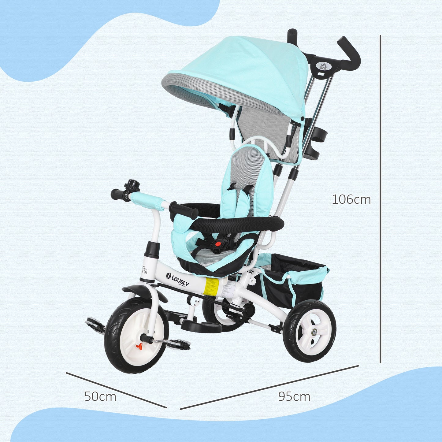 HOMCOM 6-in-1 Kinderdreirad mit Schiebestange, Dach, Gurt, Ablagekorb, für 1-5 Jahre, Grün