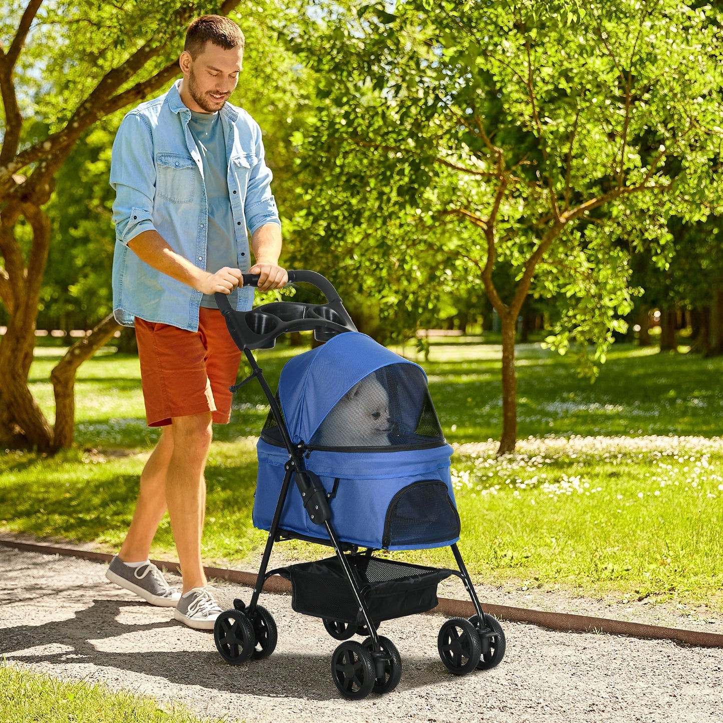 PawHut Hundebuggy Hundewagen bis 4 kg Klappbar Netzfenster Bodenkorb Becherhalter abnehmbares Dach blau 67 x 45 x 96 cm