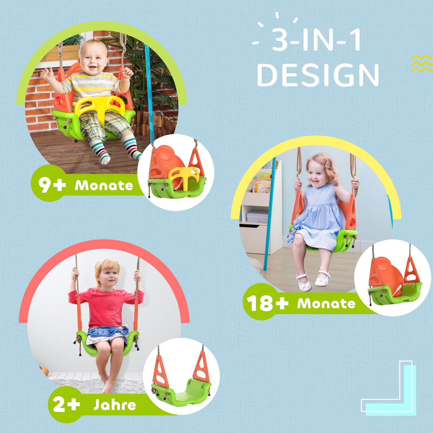 Outsunny 3-in-1 Babyschaukel, Sicherheitsgurt, längenverstellbare Seile, für In- und Outdoor, grün, 48 x 34 x 180 cm