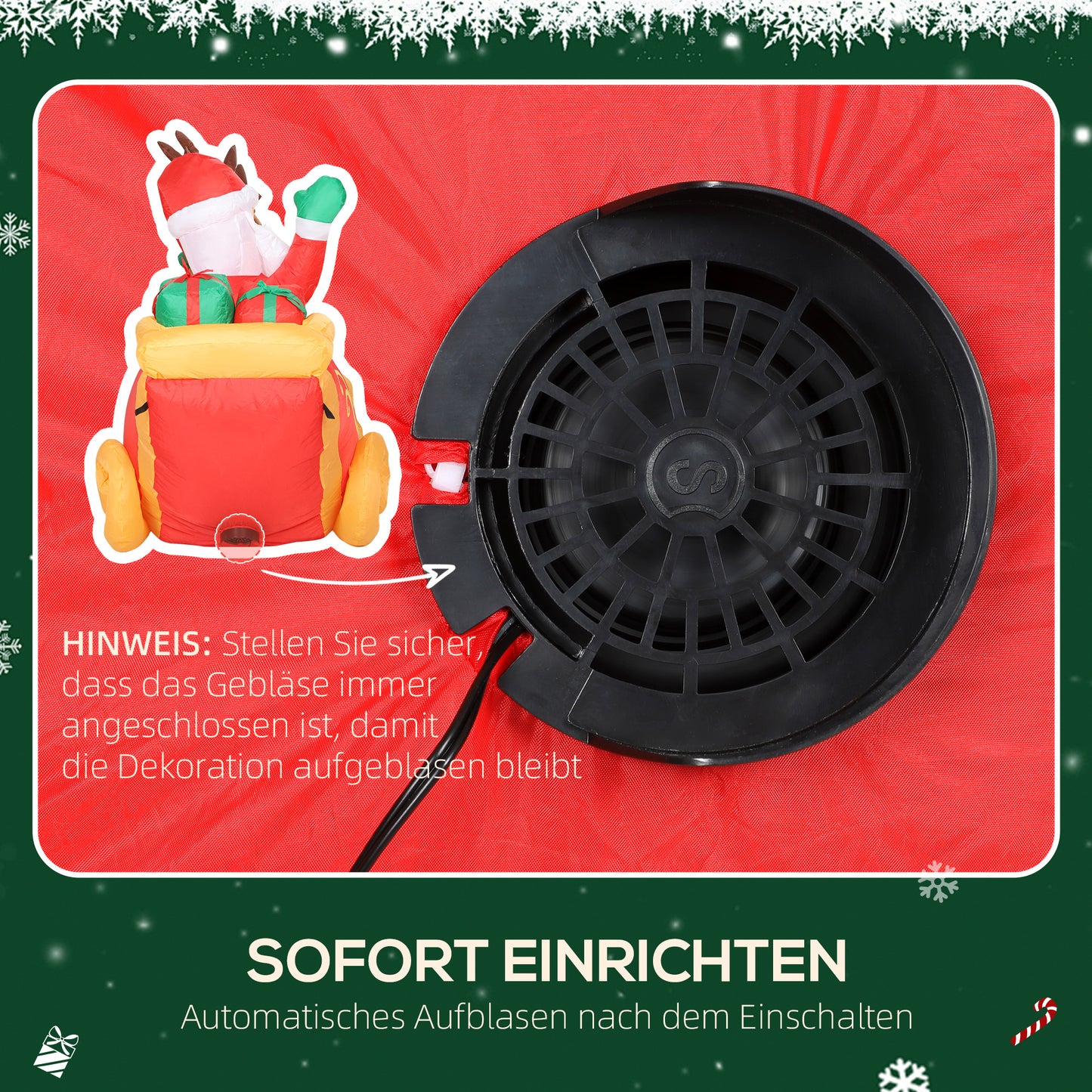 Outsunny Aufblasbare Weihnachtsdekoration, Weihnachtsmann im Rentierschlitten, Polyester