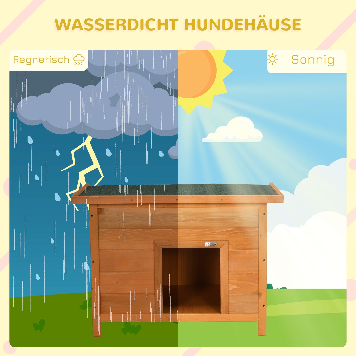 PawHut Hundehütte Outdoor, Hundehaus aus Holz mit Aufklappbares Asphaltdach, Wasserdichte Hundehöhle mit Erhöhter Boden Hütte für kleine Hunde, Gelb, 82 x 58 x 58 cm