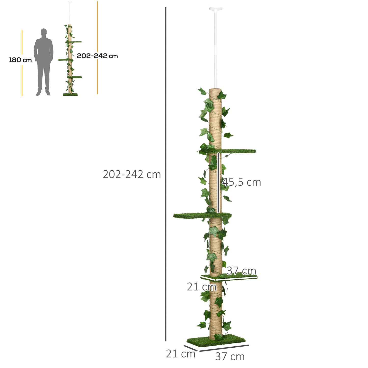 PawHut Kratzbaum höhenverstellbar 202-242 cm, rutschfest, Juteseil-Pfosten, Spanplatte, Grün/Gelb