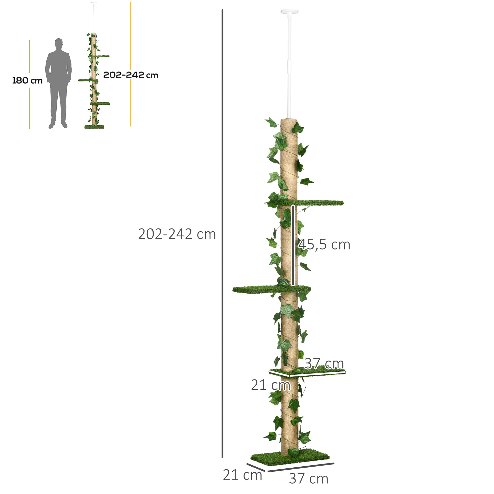 PawHut Kratzbaum höhenverstellbar 202-242 cm, rutschfest, Juteseil-Pfosten, Spanplatte, Grün/Gelb