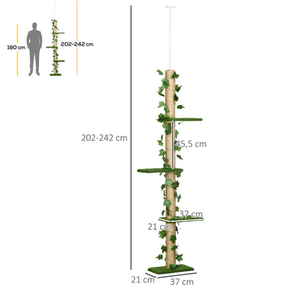 PawHut Kratzbaum höhenverstellbar 202-242 cm, rutschfest, Juteseil-Pfosten, Spanplatte, Grün/Gelb