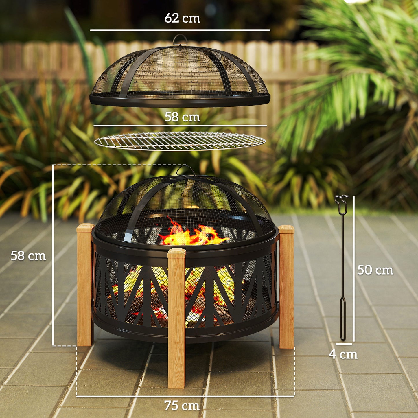 Outsunny 2-in-1 Feuerschale Ø75 x 58 cm Feuerstelle mit Funkenschutz Schürhaken Grillrost Schwarz