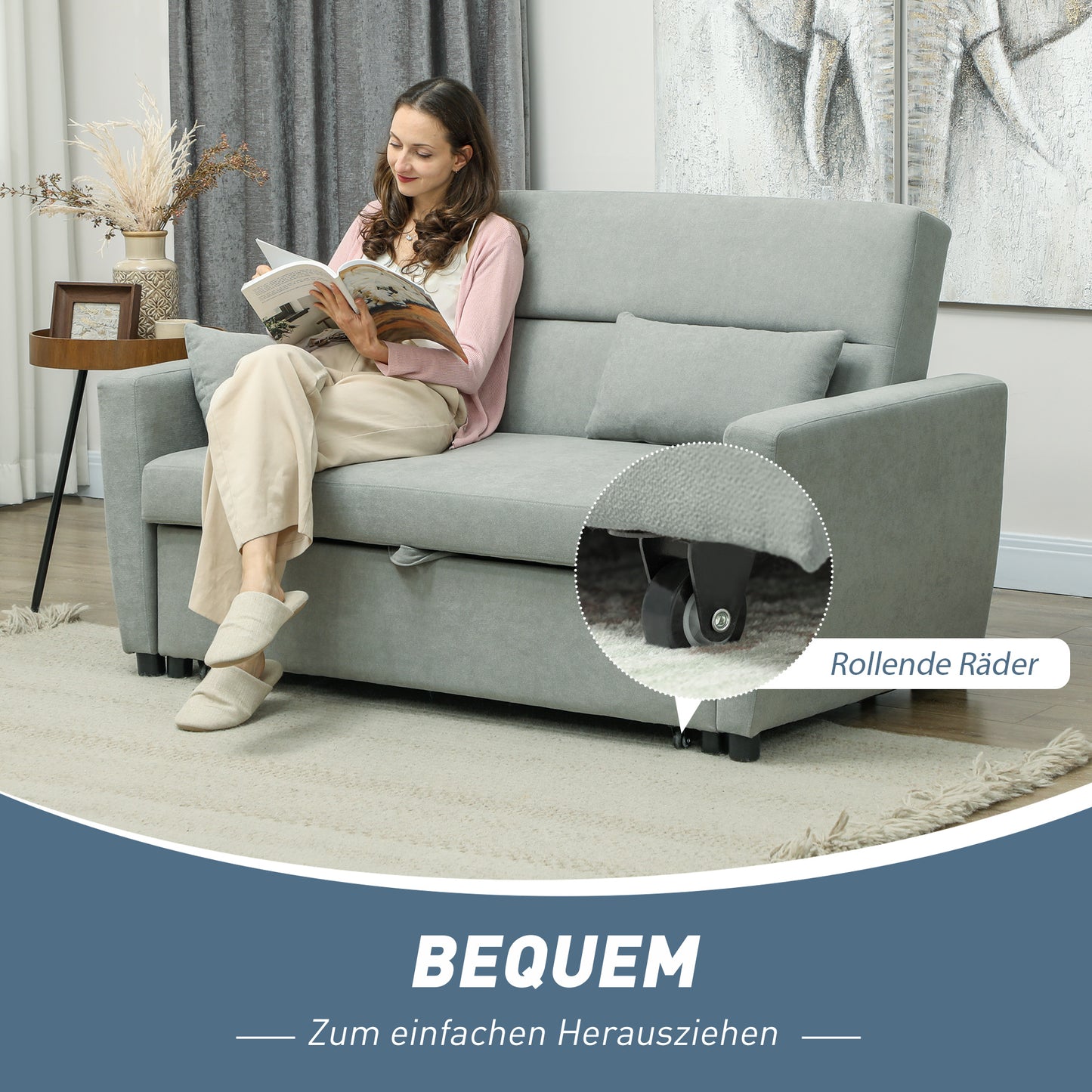 HOMCOM 2-Sitzer Sofa mit Bettfunktion, Verstellbarer Rückenlehne, Polstersofa, Samtoptik, für Wohnzimmer, Schlafzimmer, Hellgrau