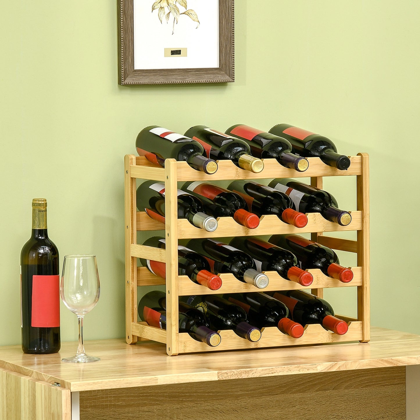 HOMCOM Weinregal aus Bambus für 16 Weinflaschen, 4 Regale, 43 cm x 23,5 cm x 38 cm Natur