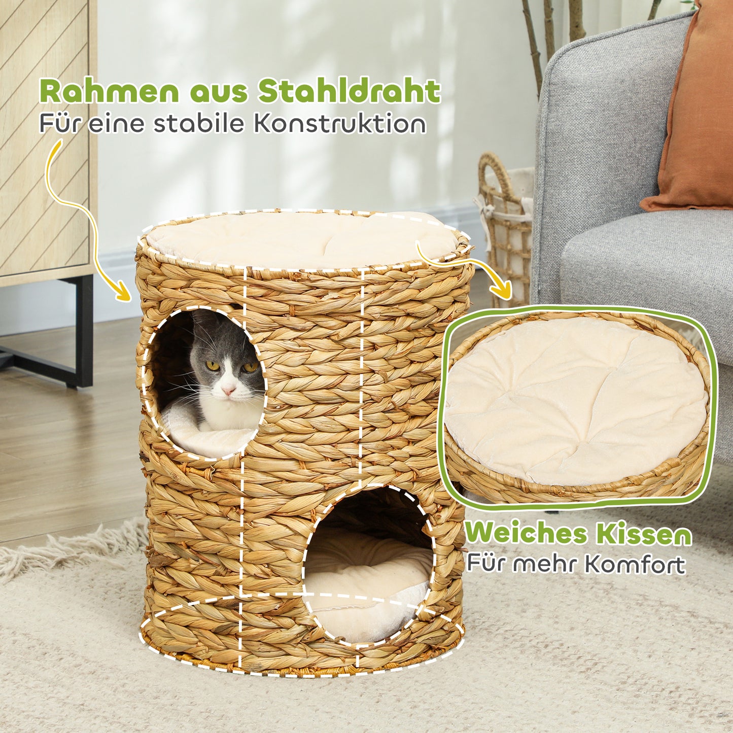 PawHut Kratztonne, 50 cm, 2 Höhlen, Kissen, Kratzbaum mit Katzenbett, Katzenturm aus Wasserhyazinthe, Hellbraun