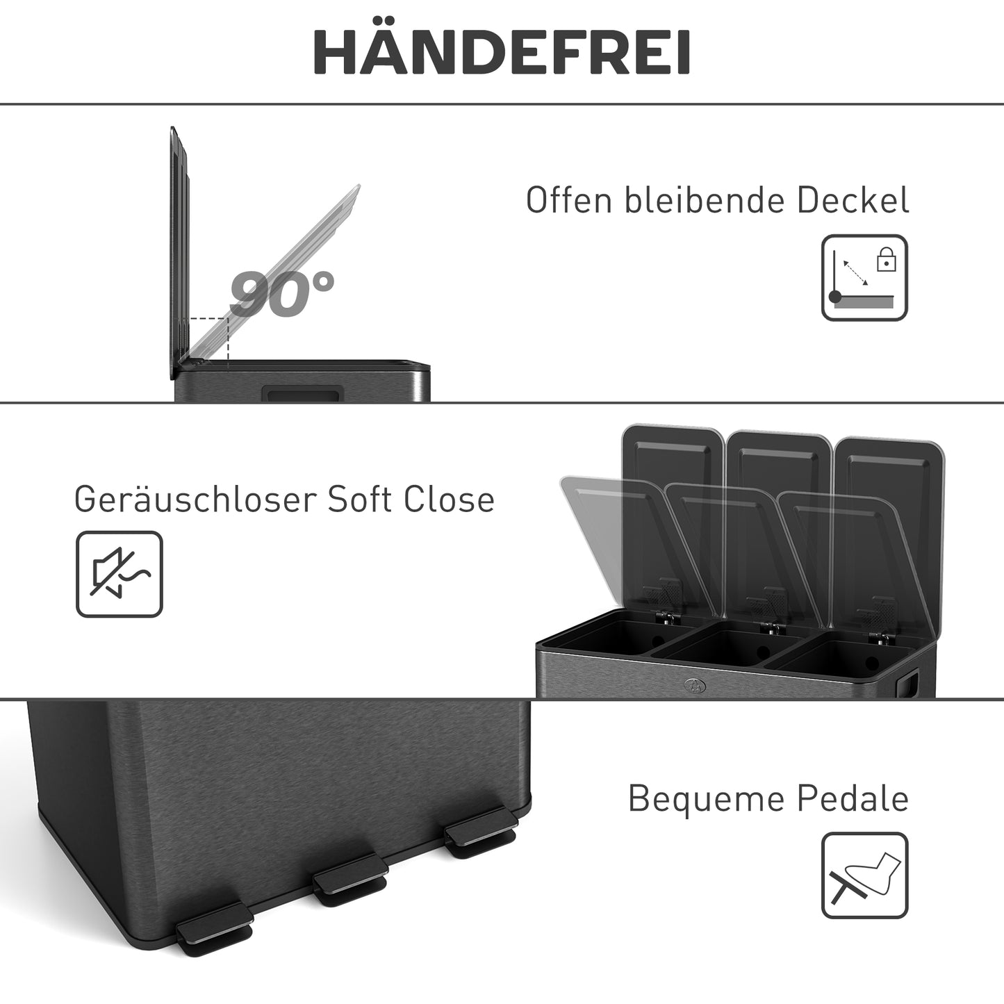 HOMCOM Mülleimer mit 3 x 20 L Fächern, Deodorant-Deckel, fingerabdrucksicher, Soft-Close, herausnehmbar, Schwarz