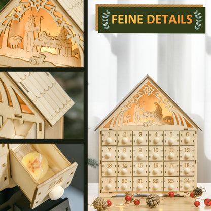 HOMCOM Adventskalender mit LED-Beleuchtung, 24 Schubladen, Krippenszene, 26,6x6x30 cm, Holzoptik