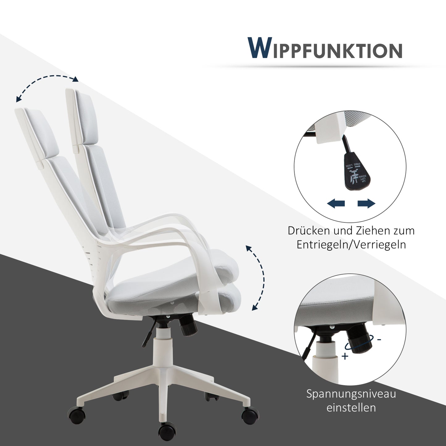 HOMCOM Ergonomischer Bürostuhl, Netz-Gewebe, höhenverstellbar, drehbar, rollbarer Schreibtischstuhl, Grau+Weiß