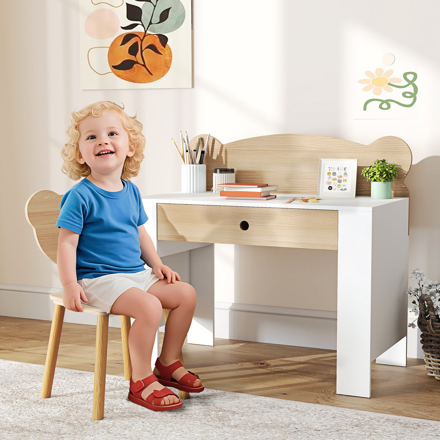 AIYAPLAY Schreibtisch-Set für Kinder, Arbeitstisch und Stuhl mit Bärenform, Schublade, zum Schreiben und Basteln, 3-8 Jahre, Naturholz