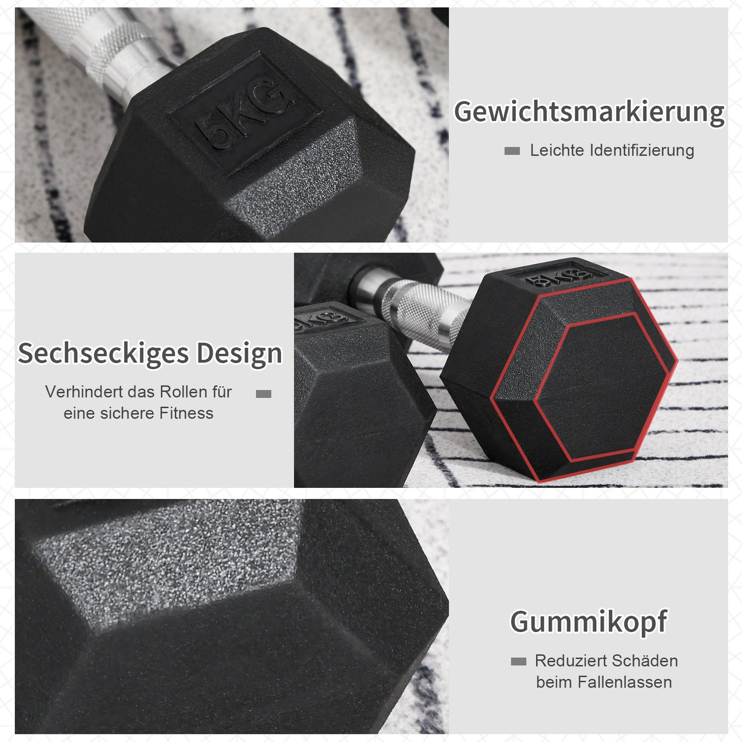 HOMCOM Hexagon Hanteln, 2er Set Hanteln mit gerändeltem Griff, Kurzhantelset aus Gusseisen, 2 x 5 kg, Kurzhanteln für Männer Frauen, Zuhause, Fitnessstudio, Krafttraining