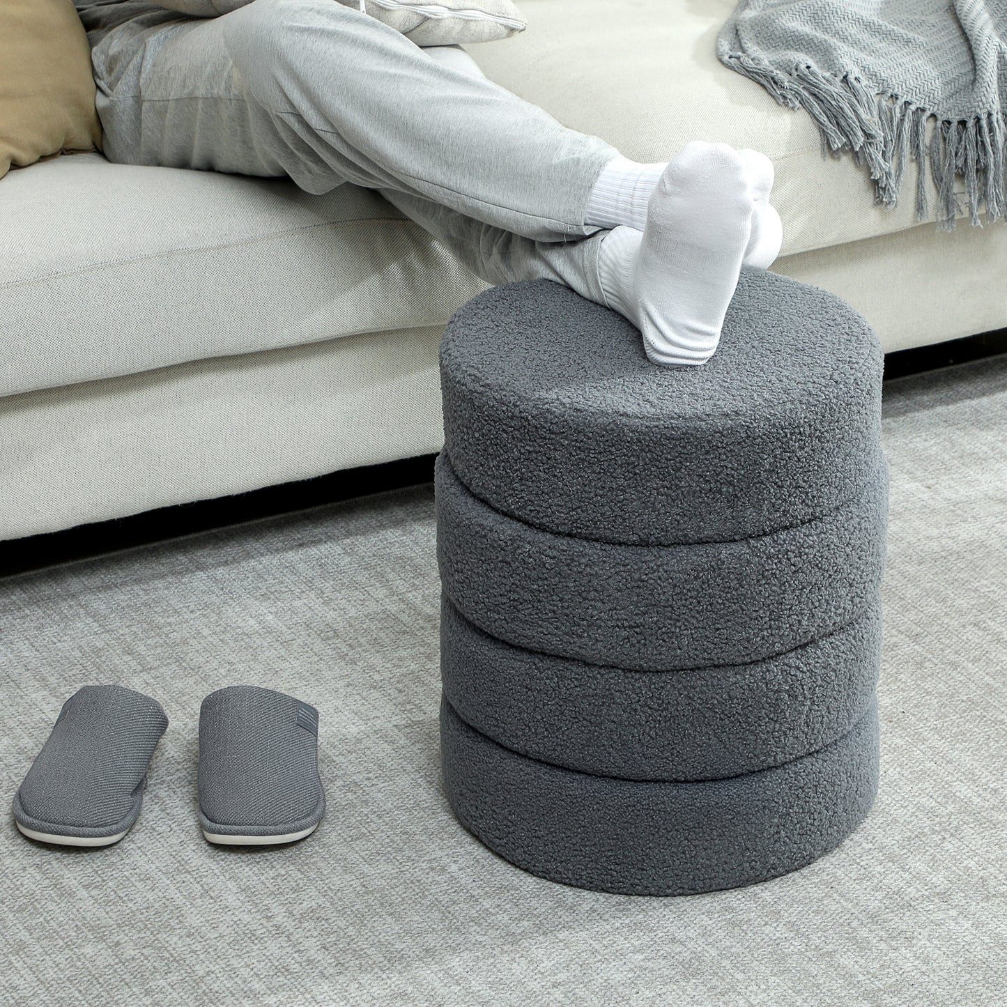 HOMCOM Hocker, rund, Teddyfleece, bis 120kg, Φ40x45H cm, Dunkelgrau