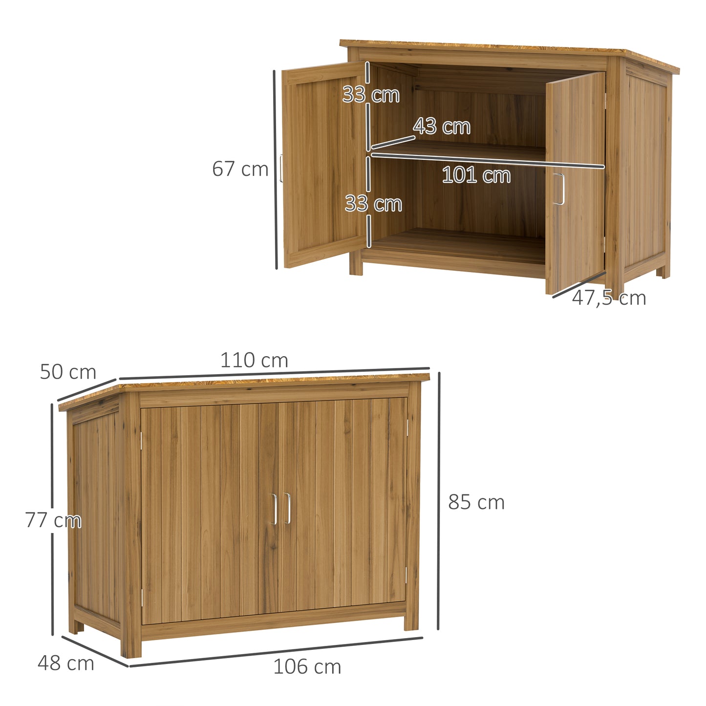 Outsunny Gartenschrank, Holzkommode mit 2 Regalen für Garten, Terrasse, Wetterfest, 110 x 50 x 85 cm, Braun