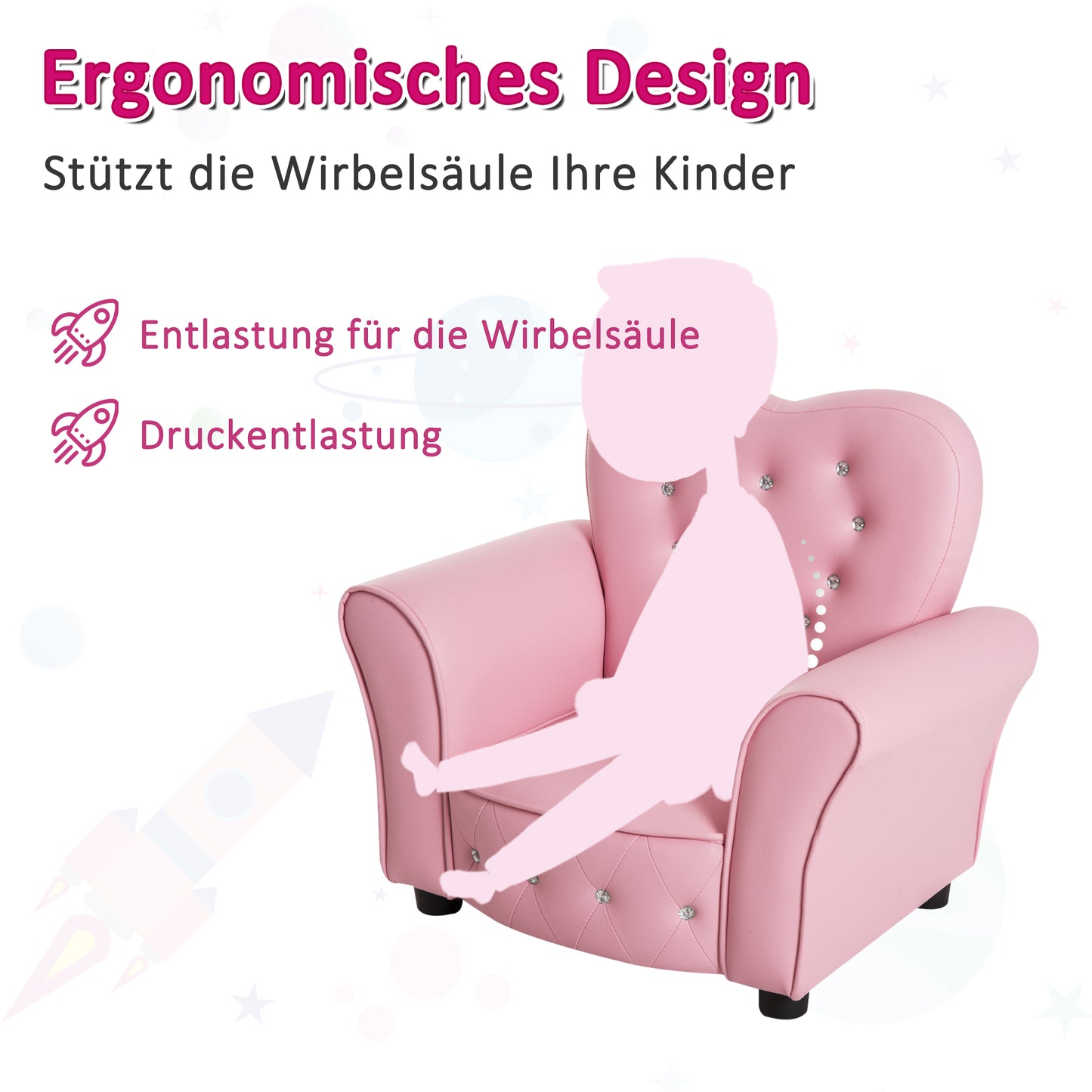 HOMCOM Kindersessel Kindersofa, massiven Holzfüßen Sessel aus Schaumstoff Kinderstuhl für Kinderzimmer, Spielzimmer, 59 x 41,5 x 49 cm, für Kinder 1,5-3 Jahre Rosa