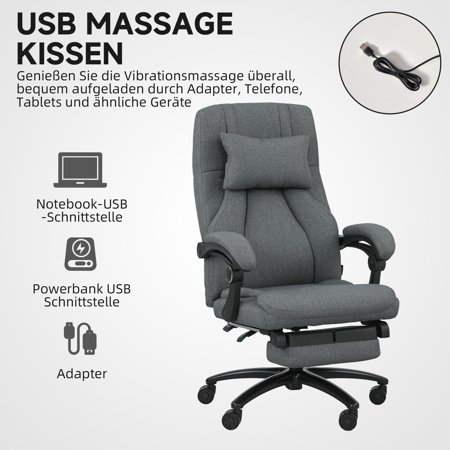 Vinsetto Massage-Bürostuhl, USB-Schnittstelle, schwenkbare Räder, Dunkelgrau