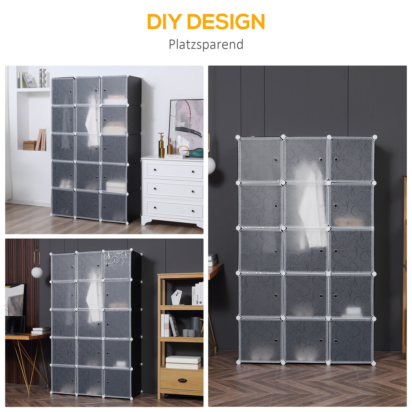 HOMCOM Kleiderschrank im Würfeldesign, 2 stora och 9 små Würfel, Kunststoff, Metall, 111L x 47B x 183H cm, Schwarz+Weiß
