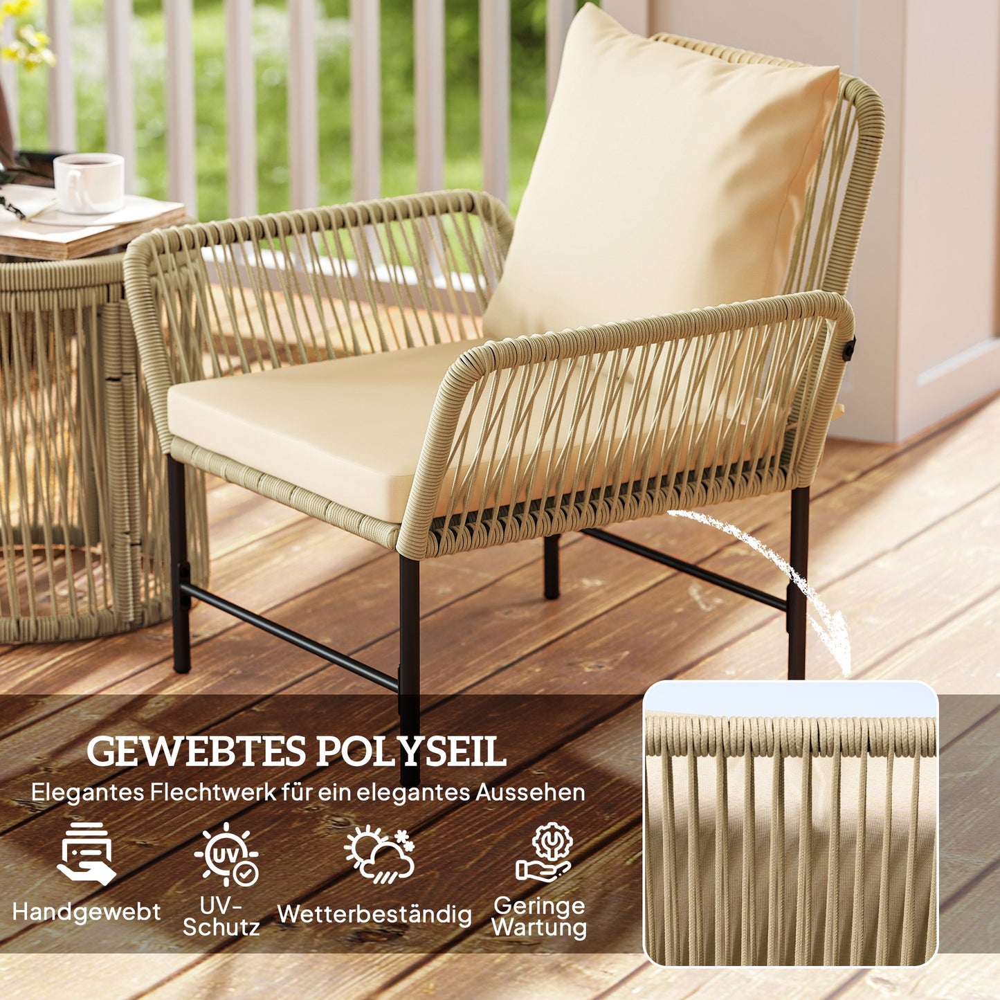 Outsunny Polyrattan Gartenmöbel Set, Outdoor Balkonmöbel für 2 Personen, 3-teilig mit 2 Stühle, Beistelltisch Sitzkissen