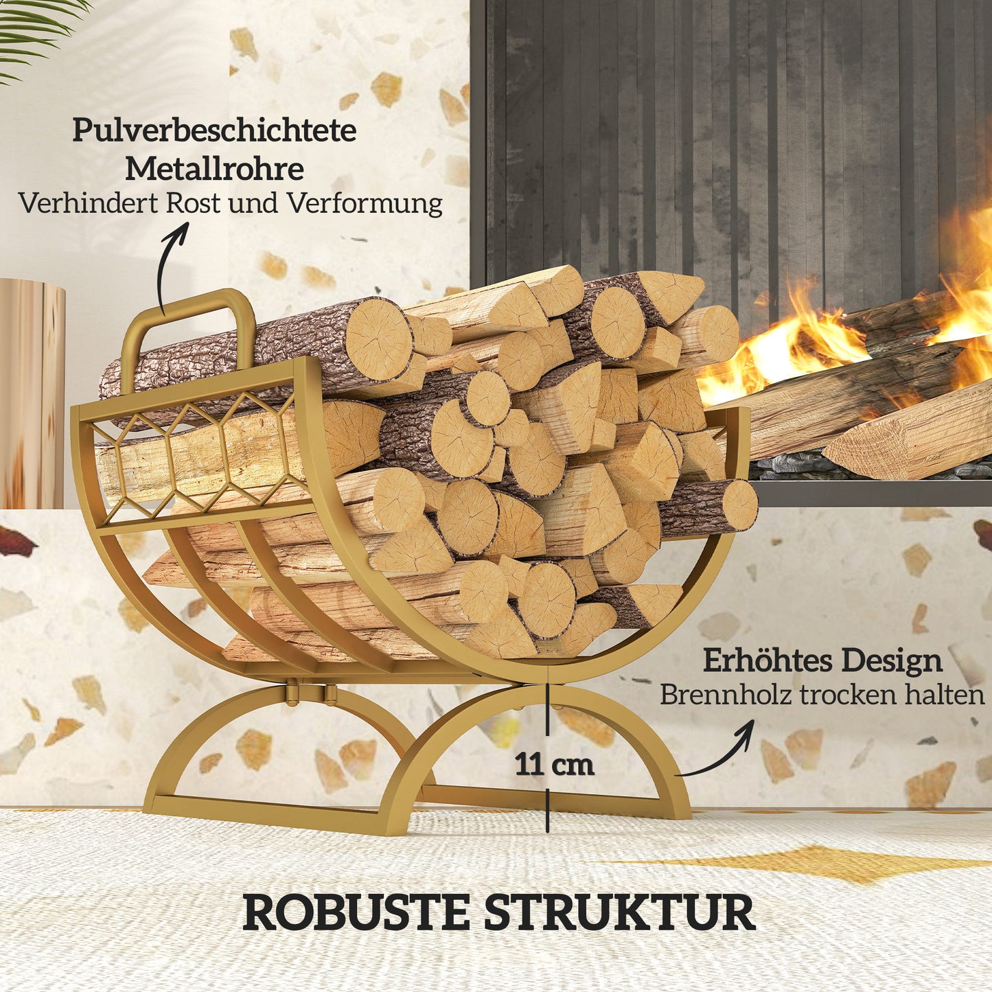 Outsunny Kaminholzregal für innen 46 x 36 x 41cm Brennholzregal für Kamin Ofen Metall Gold