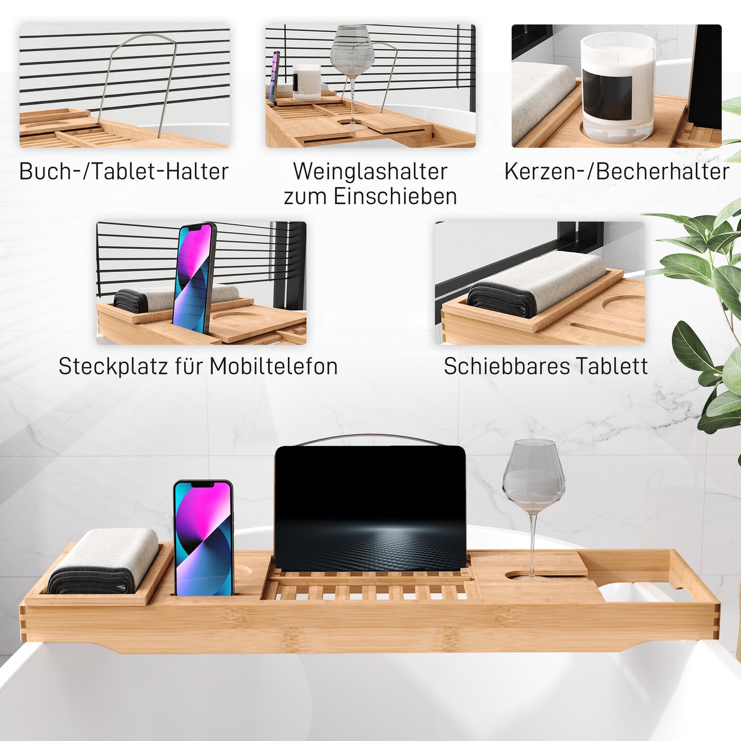 HOMCOM Badewannenablage Badewannenbrücke Wannenauflage Badewannentablett Ablage Badewanne, Bambus, Natur, (70-105) x 21,8 x 5 cm