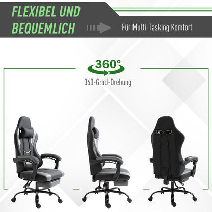 Vinsetto Ergonomischer Gaming Stuhl Bürostuhl Schreibtischstuhl, Drehstuhl Höhenverstellbar, Verstellbares Lendenkissen mit Fußstützen Schwarz 62x52x128 cm