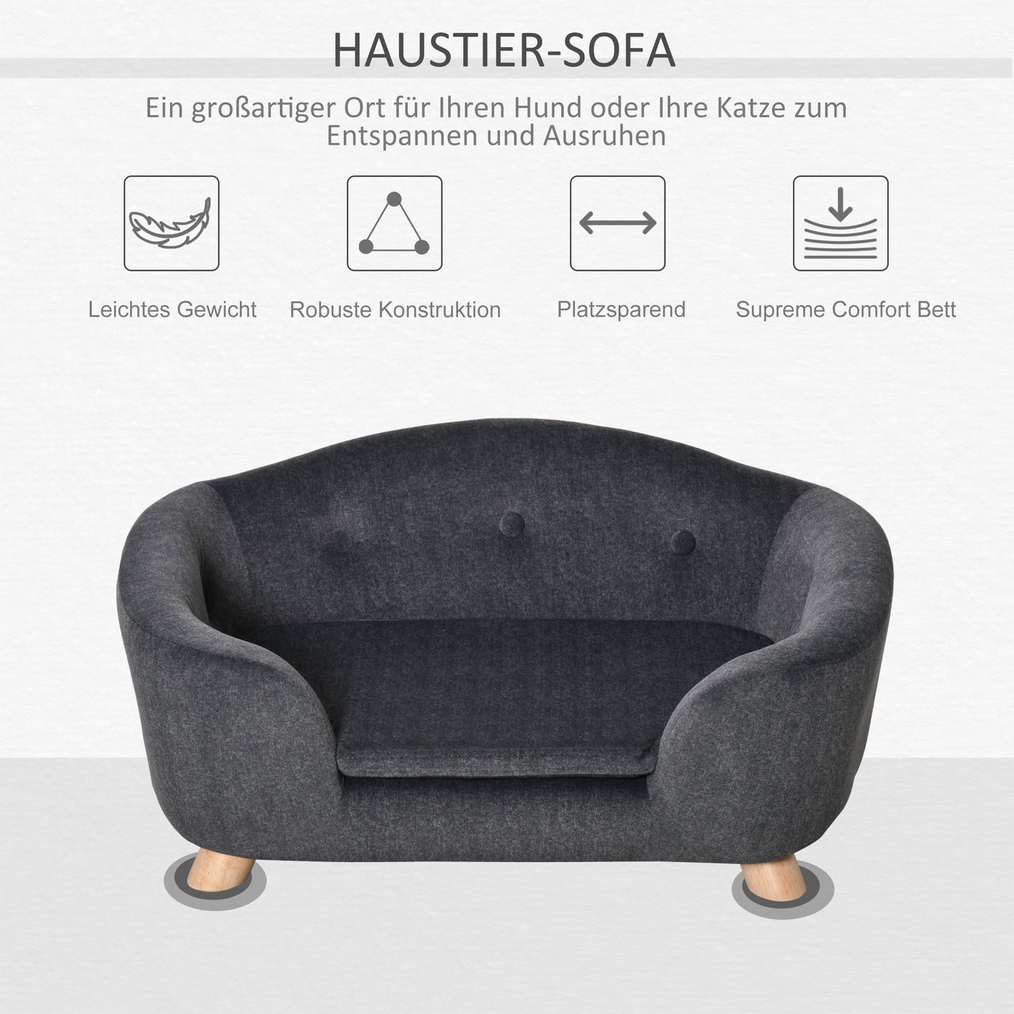 PawHut Haustiersofa Hundematte Hundebett Hundesofa Hundecouch Katzen Sofa mit Kissen Rückentasche Plüsch Schaumstoff Kiefernholz Dunkelgrau 70 x 47 x 30 cm