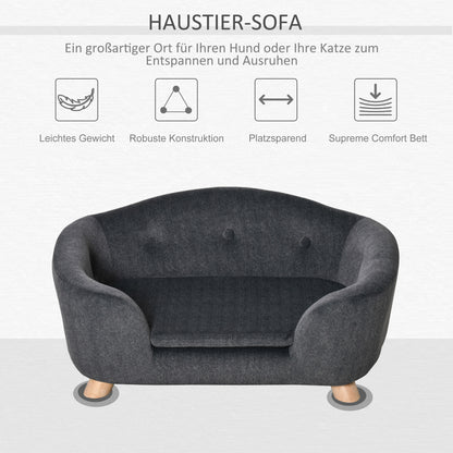 PawHut Haustiersofa Hundematte Hundebett Hundesofa Hundecouch Katzen Sofa mit Kissen Rückentasche Plüsch Schaumstoff Kiefernholz Dunkelgrau 70 x 47 x 30 cm
