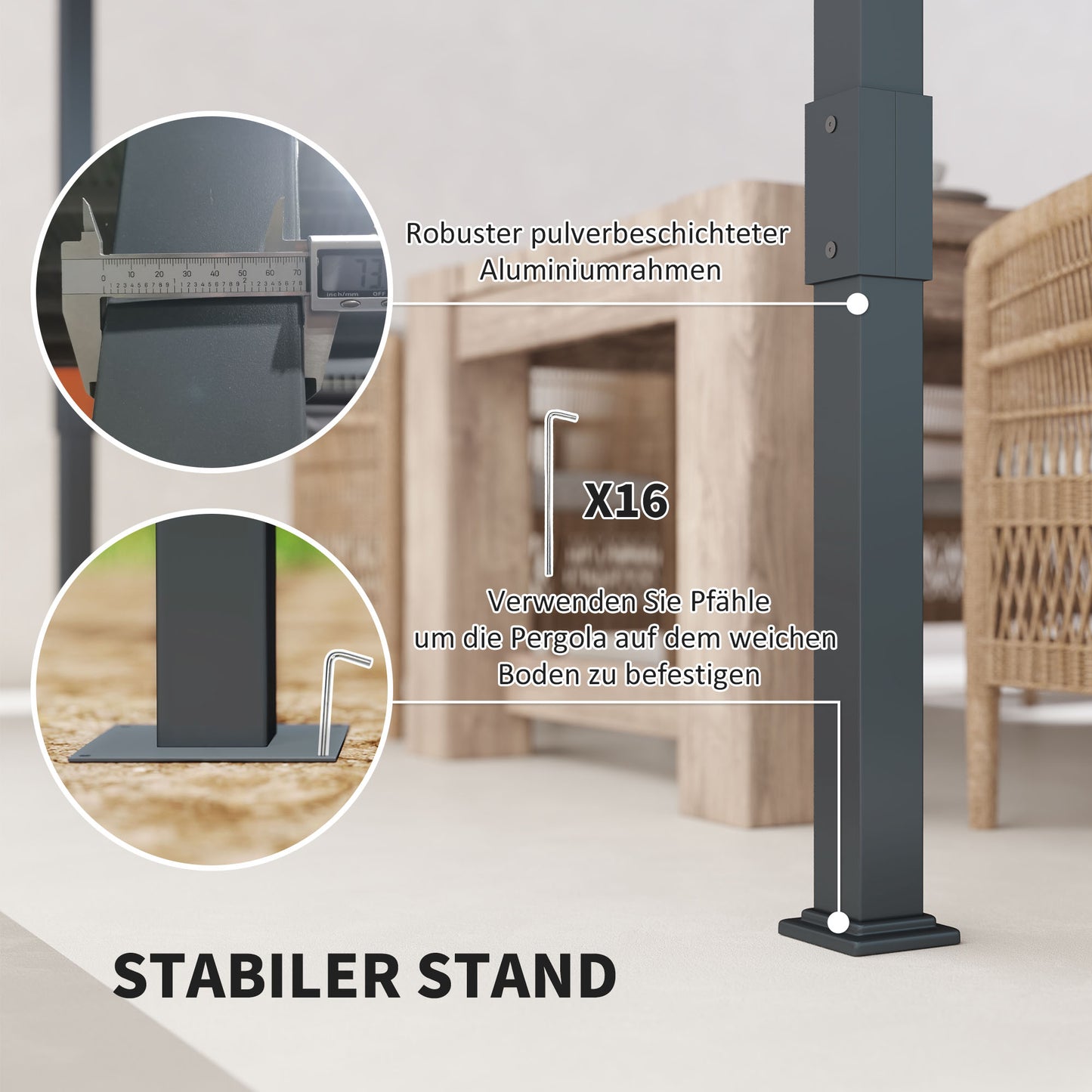 Outsunny Pergola Pavillon ca. 3,5x3m Aluminium Stabil winterfest Sonnenschutz mit verstellbares Schiebedach Grau