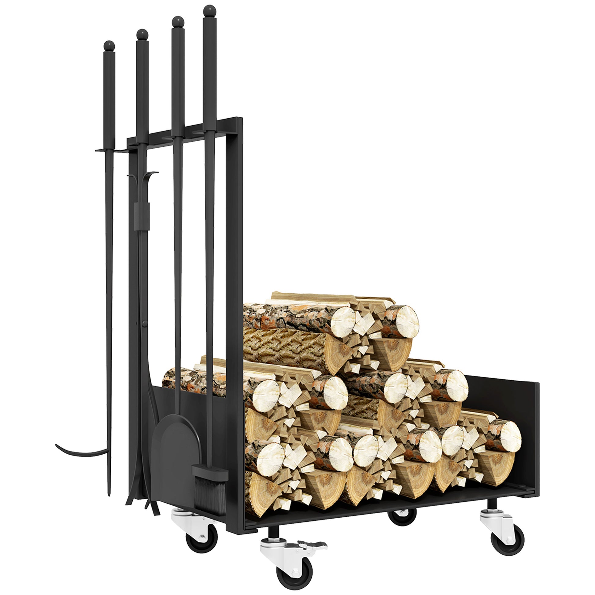 Outsunny Feuerholzgestell mit Rädern, viel Zubehör, Metallrahmen, bis 60 kg, 48 x 30 x 76 cm, Schwarz