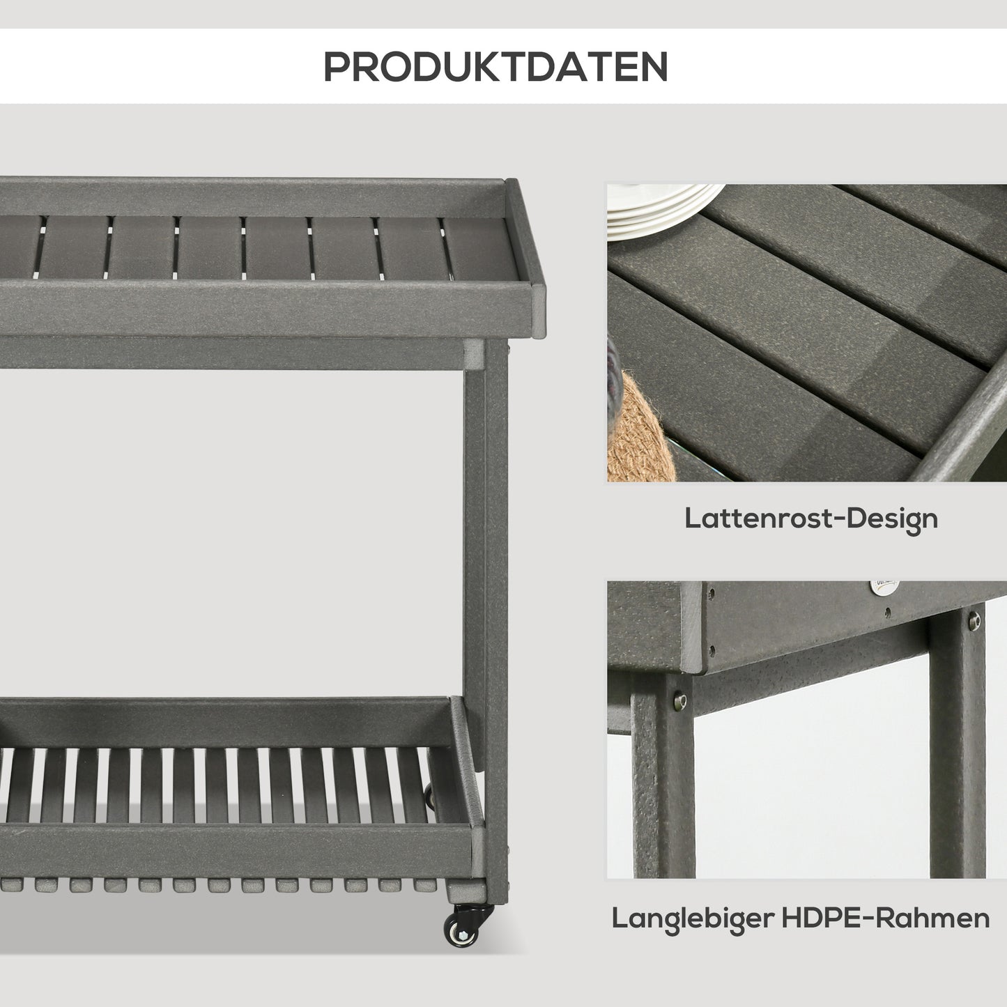 Outsunny Servierwagen mit Handtuchhaltern, 1 untere Ablage, 4 Rollen, 87 cm x 50 cm x 80 cm, Dunkelgrau