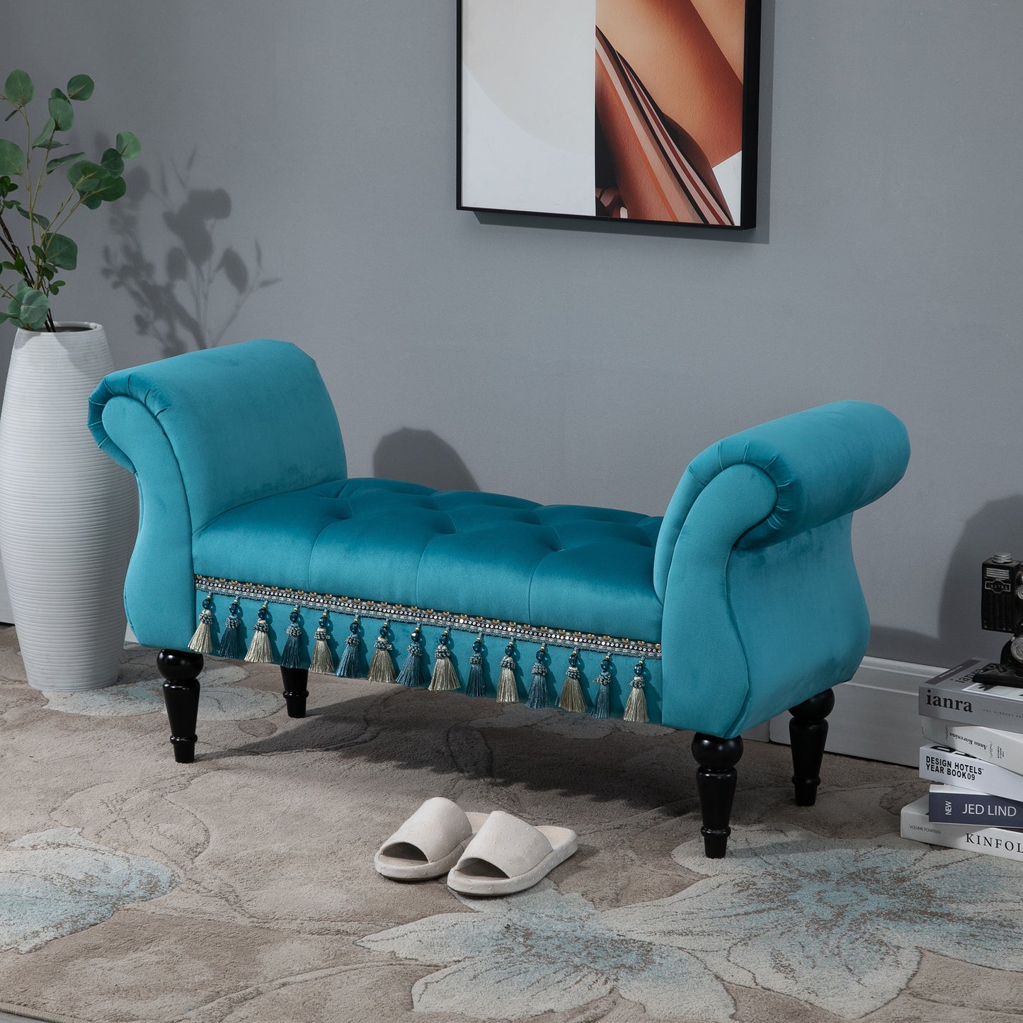 HOMCOM Sitzbank Polsterbank mit Samt-Bezug, Armlehne Bettbank mit Holzrahmen, Schuhbank für Schlafzimmer, Wohnzimmer, Flur 117 x 40 x 58 cm Blau