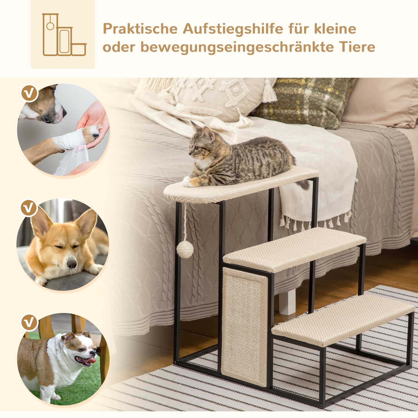 PawHut Katzentreppe, mit Kratzbrett, 3 Stufen, Spielball, robust, Stahl+Sisal, cremeweiß+schwarz, 51 x 54 x 53cm