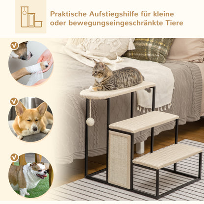 PawHut Katzentreppe, mit Kratzbrett, 3 Stufen, Spielball, robust, Stahl+Sisal, cremeweiß+schwarz, 51 x 54 x 53cm