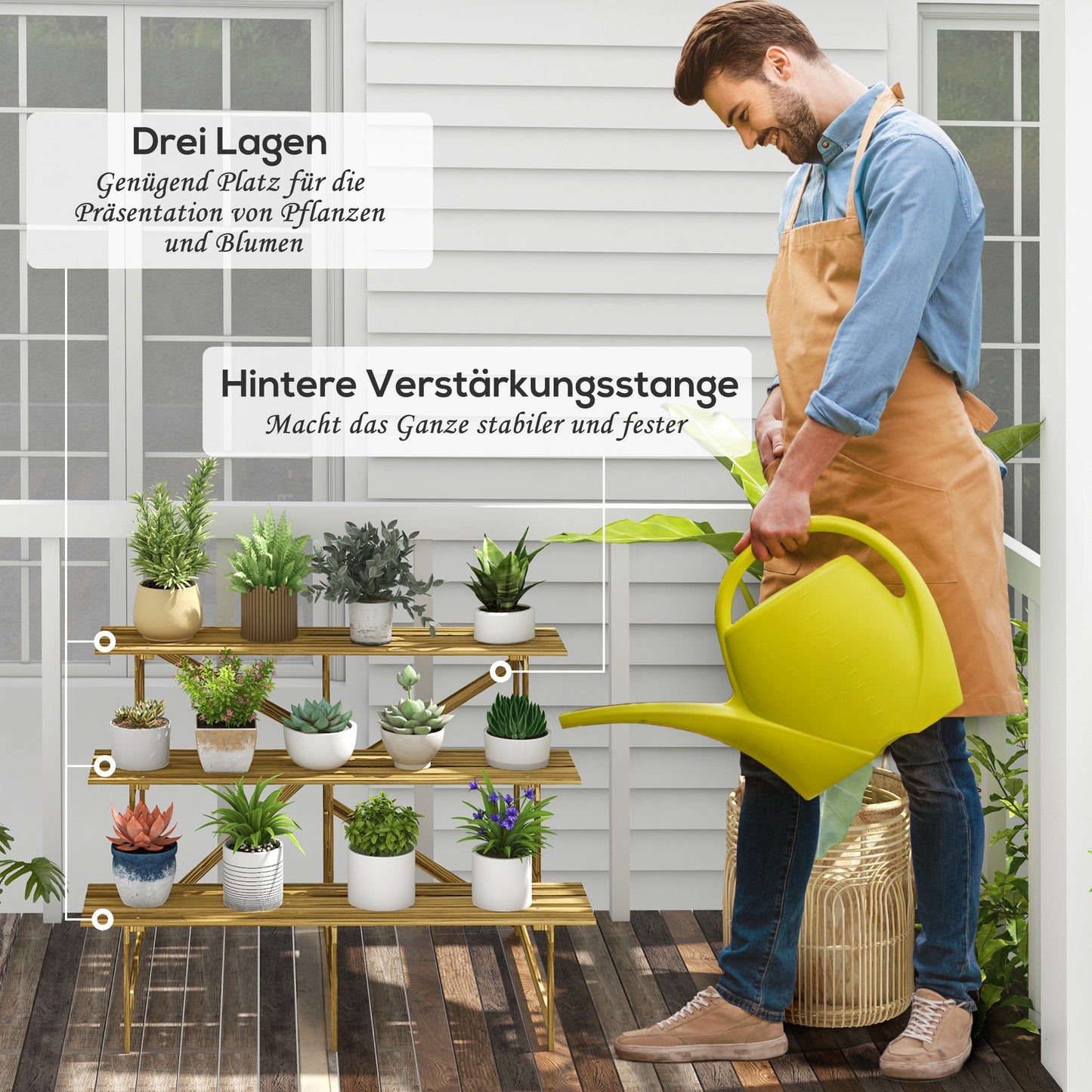 Outsunny Pflanzentreppe, Blumentreppe, Blumenregal, Pflanzregal, Blumenständer, 3 Stufen, Tannenholz, 120 x 80 x 78cm