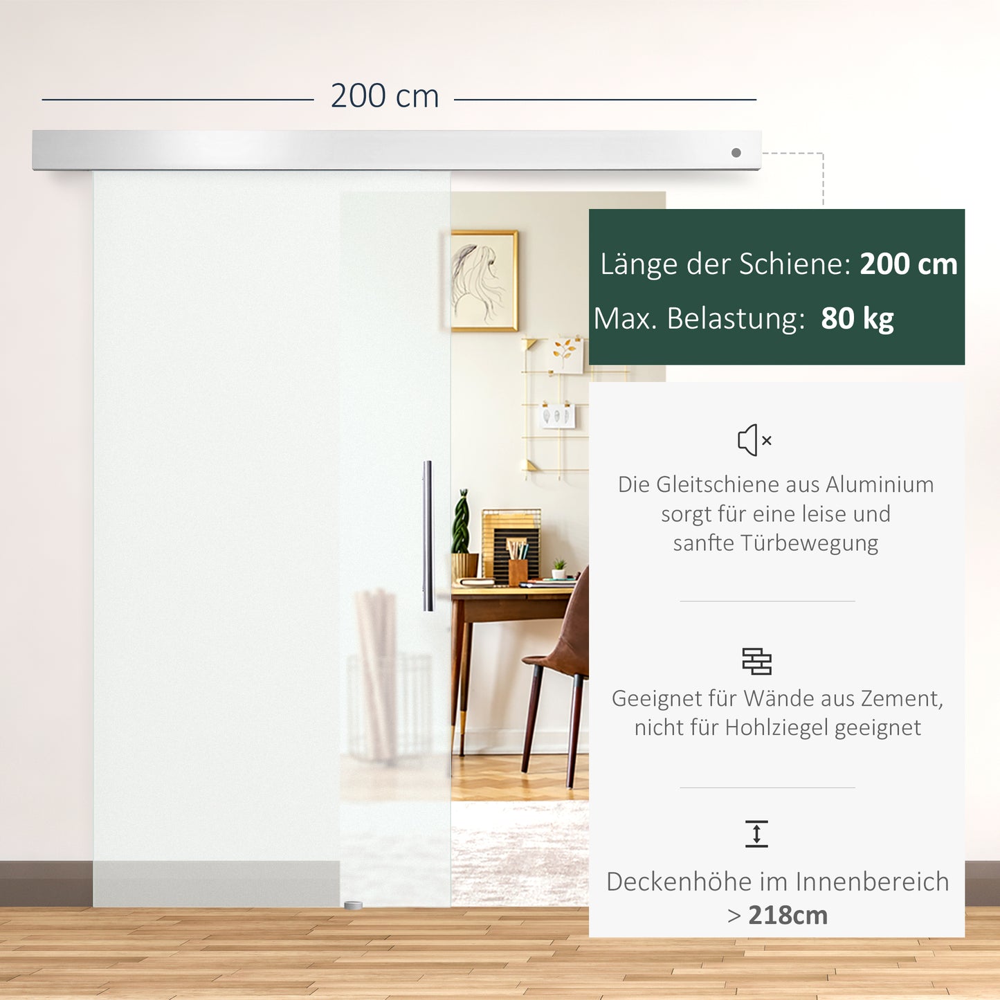 HOMCOM Glasschiebetür mit Griffstange, einseitig satiniert, 102,5 x 205 cm