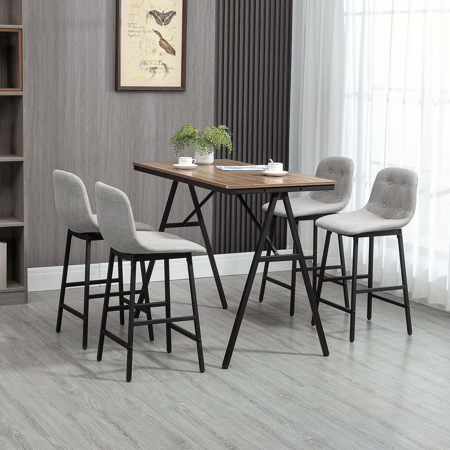 HOMCOM Bartisch mit Barhockern im Industrie-Design, Knopfheftung, 120 cm x 60 cm x 91 cm, Hellgrau