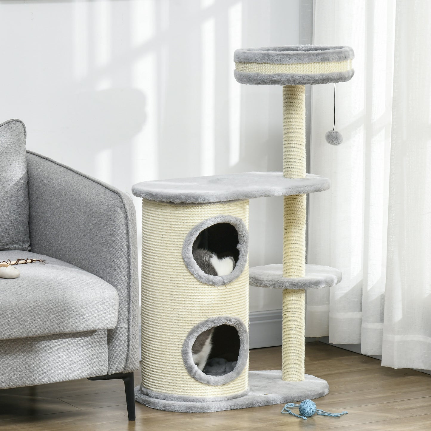 PawHut Kratzbaum für Katzen, Sisal-Seilpfosten, weicher Plüsch, mehrstufig, Ballspielzeug, Grau, 59x35x100 cm