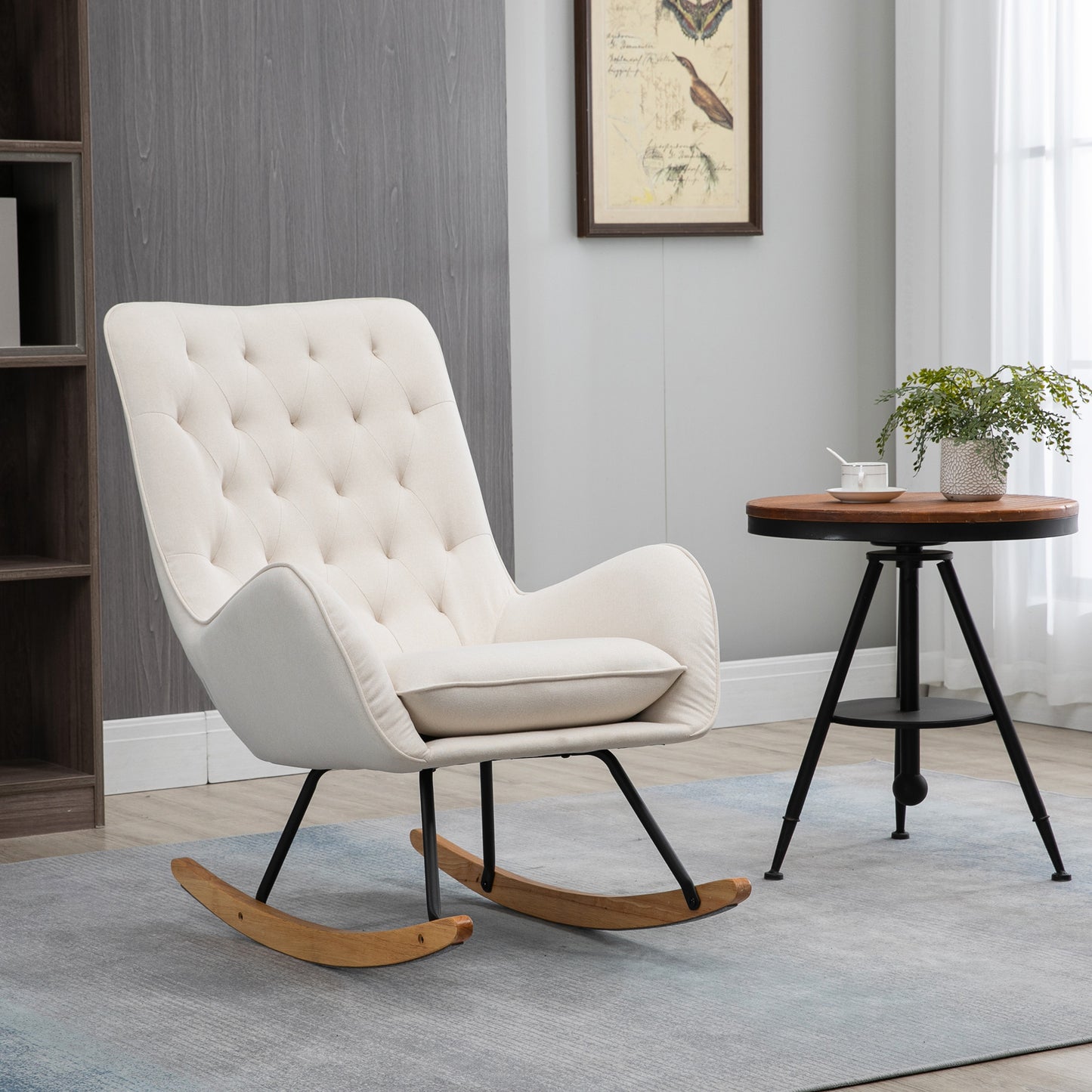 HOMCOM Schaukelstuhl im Skandi-Design Relaxsessel, Knopfheftung, 69 cm x 90 cm x 100 cm, Creme + Natur + Schwarz