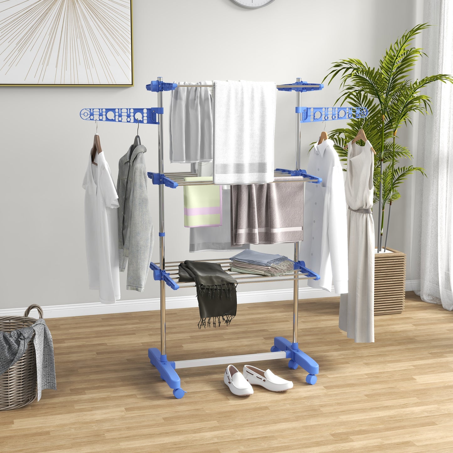 HOMCOM Wäschenständer Wäschetrockner. 4 Ebenen, klappbar, One-Klick-System, 142 cm x 55 cm x 152 cm Blau + Silber