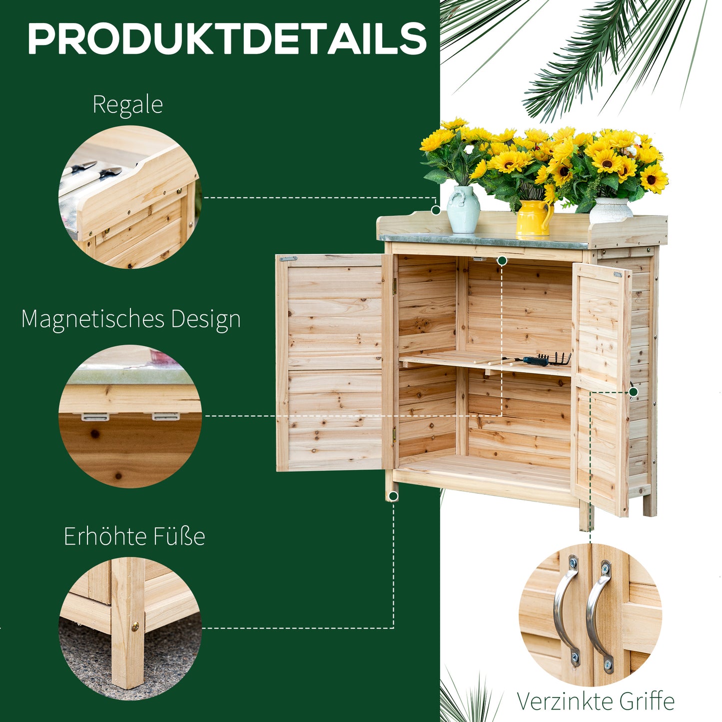Outsunny Gartenschrank mit 2 Fächern, Metall-Arbeitsplatte mit Aufkantung, Naturholz, 83 x 40 x 92 cm
