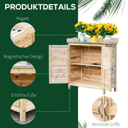 Outsunny Gartenschrank mit 2 Fächern, Metall-Arbeitsplatte mit Aufkantung, Naturholz, 83 x 40 x 92 cm