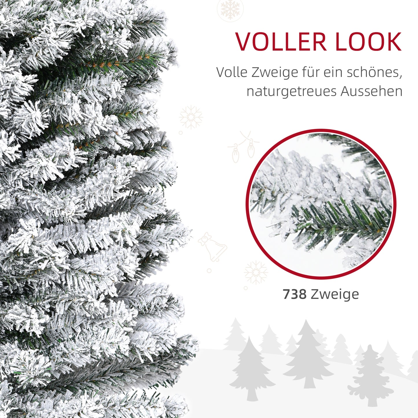 HOMCOM Künstlicher Weihnachtsbaum 225 cm Bleistift Kiefernbaum mit Schnee, 738 Spitzen für drinnen