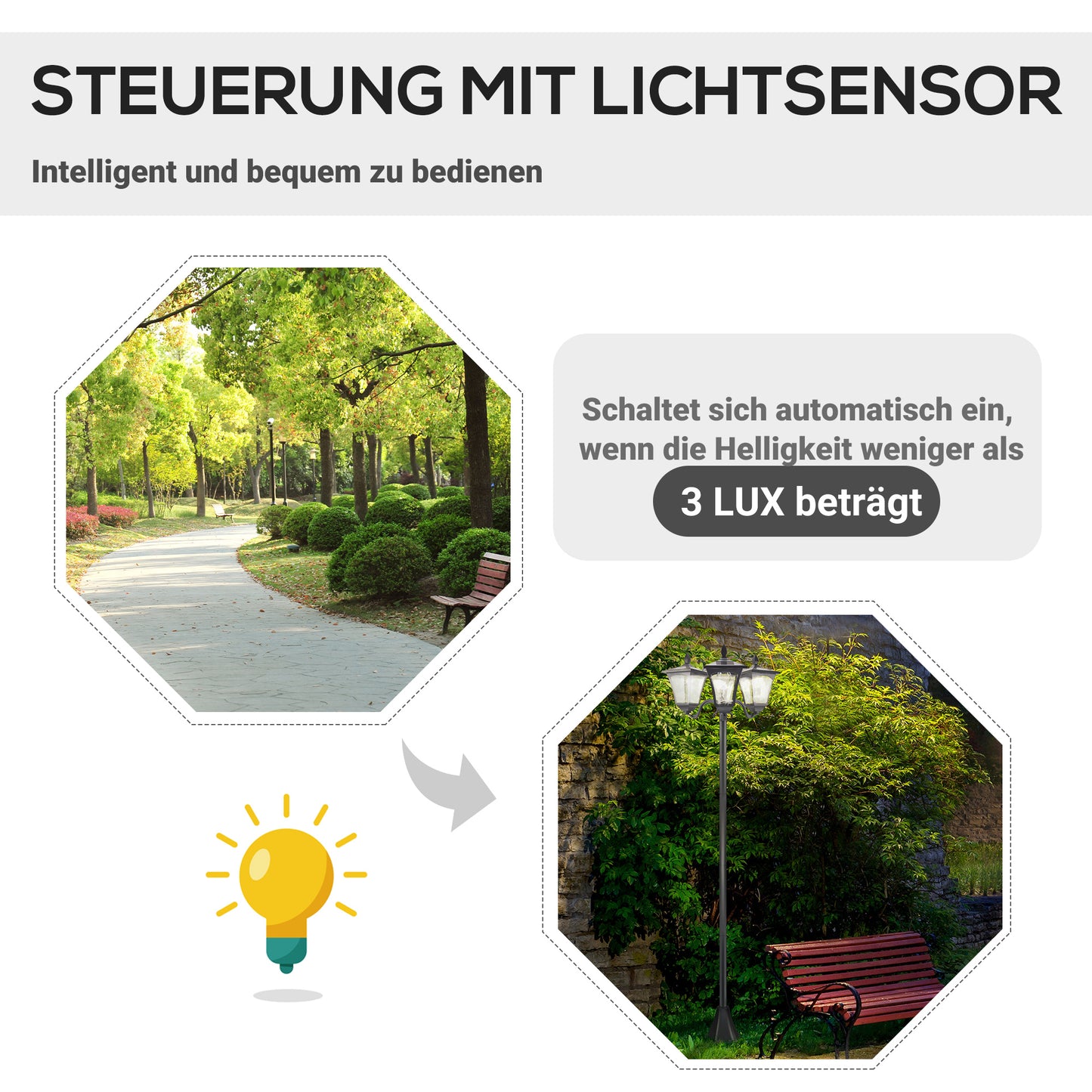 Outsunny Solar Gartenlaterne mit 3 flammig Laterne Mast aus Edelstahl Solarlaterne mit LED 120 Lumen 51,5x47x182,5cm Wegeleuchte IP44 für Garten Balkon Schwarz